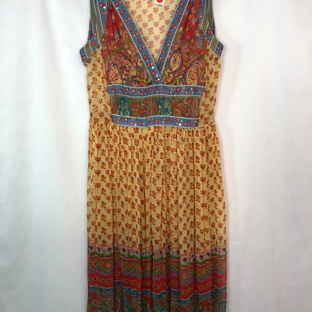 ECI Mustard Floral Midi Dress with Multicolor Paisley Sheer Trim Size 4